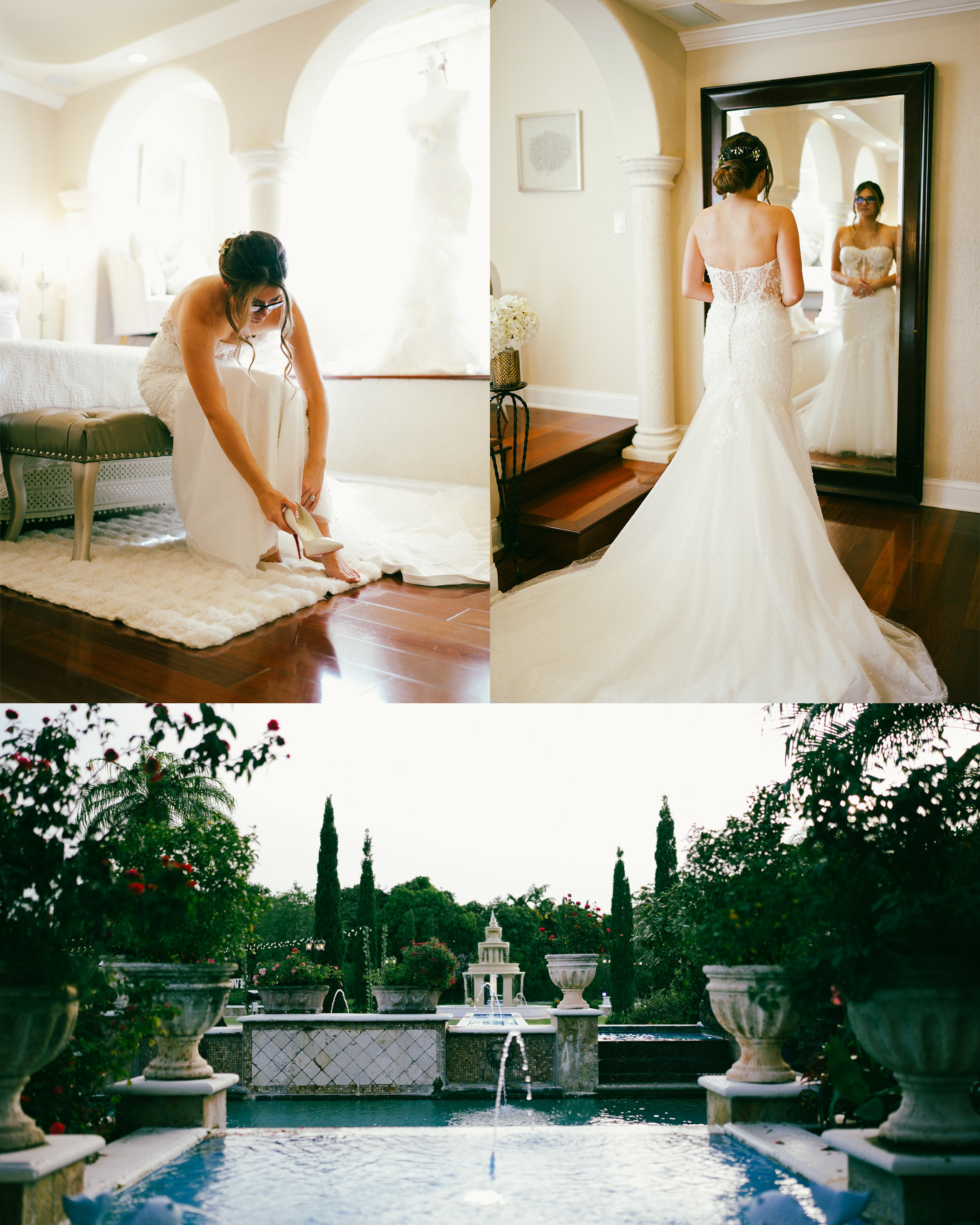 Catherine’s stunning wedding dress hanging before the ceremony at Villa Toscana